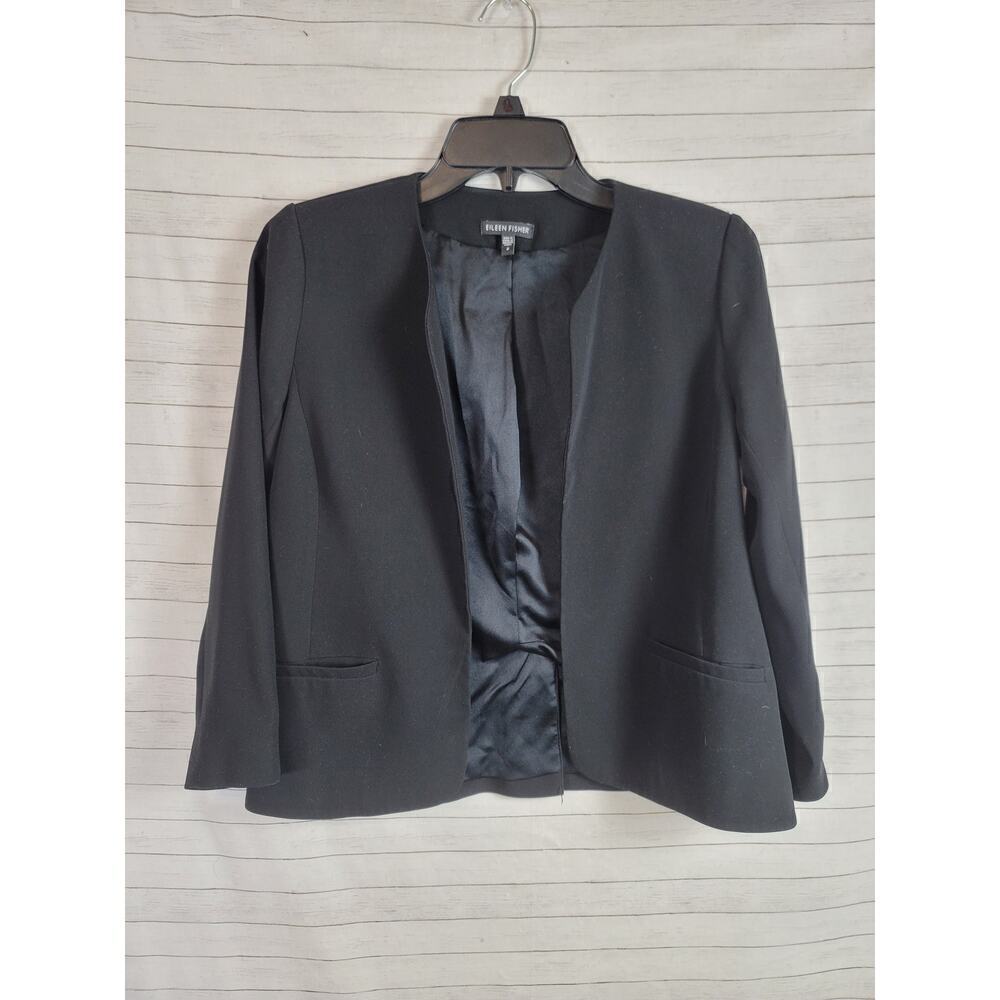 EILEEN FISHER OPEN FRONT SILK LINED SHORT BLAZER IN BLACK, SZ 2